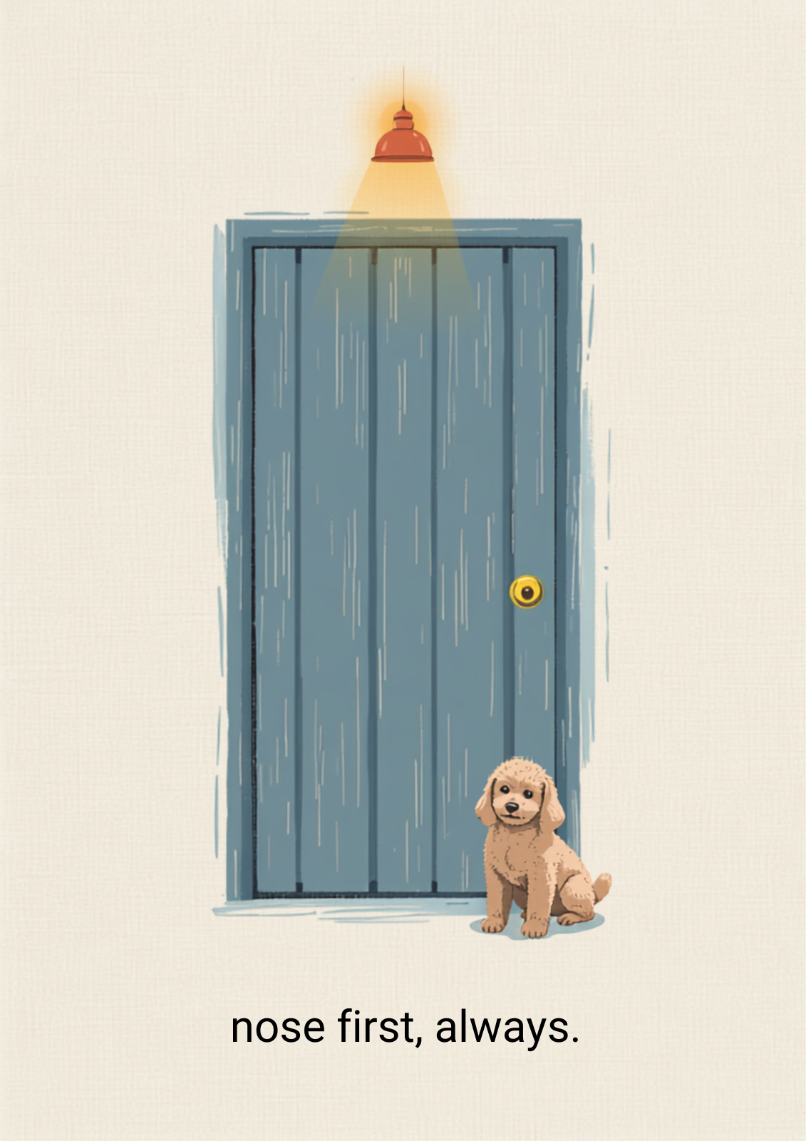 ドアの前でクンクンと匂いを嗅ぐトイプードルの子犬のイラスト
