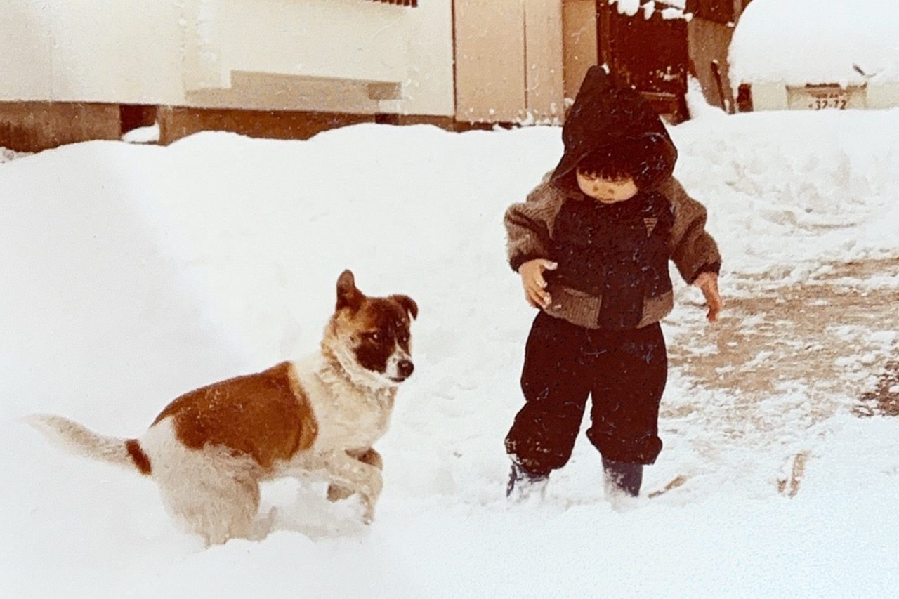 雪のなかで犬と過ごす子どもの頃の写真